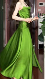 Ndyad Green Spaghetti Strap Slit Satin Long Sleeveless Prom Dress Party Pong Evening Dress HZ1024