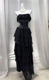 Ndyad Black Strapless A-Line Layered Chiffon Long Prom Dress Graduation Prom Dress HZ1024