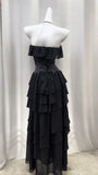 Ndyad Black Strapless A-Line Layered Chiffon Long Prom Dress Graduation Prom Dress HZ1024