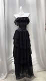Ndyad Black Strapless A-Line Layered Chiffon Long Prom Dress Graduation Prom Dress HZ1024