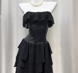 Ndyad Black Strapless A-Line Layered Chiffon Long Prom Dress Graduation Prom Dress HZ1024