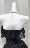 Ndyad Black Strapless A-Line Layered Chiffon Long Prom Dress Graduation Prom Dress HZ1024