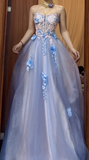 Ndyad A-Line Spaghetti Strap Tulle Applique Long Prom Dress Sweet Evening Dress HZ1024