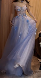 Ndyad A-Line Spaghetti Strap Tulle Applique Long Prom Dress Sweet Evening Dress HZ1024