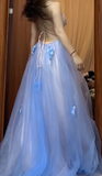 Ndyad A-Line Spaghetti Strap Tulle Applique Long Prom Dress Sweet Evening Dress HZ1024