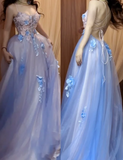 Ndyad A-Line Spaghetti Strap Tulle Applique Long Prom Dress Sweet Evening Dress HZ1024