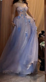 Ndyad A-Line Spaghetti Strap Tulle Applique Long Prom Dress Sweet Evening Dress HZ1024