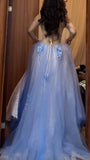 Ndyad A-Line Spaghetti Strap Tulle Applique Long Prom Dress Sweet Evening Dress HZ1024