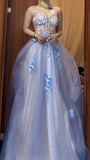 Ndyad A-Line Spaghetti Strap Tulle Applique Long Prom Dress Sweet Evening Dress HZ1024