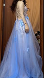 Ndyad A-Line Spaghetti Strap Tulle Applique Long Prom Dress Sweet Evening Dress HZ1024