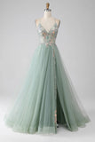 Ndyad Green A-Line Tulle Strapless Sequined Long Prom Dresses for Birthday Backless Evening Gowns HZ1024
