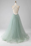 Ndyad Green A-Line Tulle Strapless Sequined Long Prom Dresses for Birthday Backless Evening Gowns HZ1024