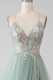Ndyad Green A-Line Tulle Strapless Sequined Long Prom Dresses for Birthday Backless Evening Gowns HZ1024