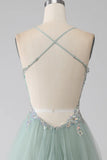 Ndyad Green A-Line Tulle Strapless Sequined Long Prom Dresses for Birthday Backless Evening Gowns HZ1024