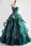 Ndyad Sweetheart Neck Tulle Long Prom Dress Vintage Strapless Beaded Evening Gown HZ1024