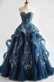 Ndyad Sweetheart Neck Tulle Long Prom Dress Vintage Strapless Beaded Evening Gown HZ1024
