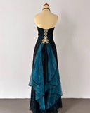 Ndyad Strapless Teal Satin Sleeveless Black Tulle Beaded Ball Dress Birthday Evening Dress HZ1024