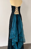 Ndyad Strapless Teal Satin Sleeveless Black Tulle Beaded Ball Dress Birthday Evening Dress HZ1024