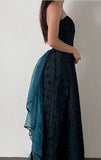 Ndyad Strapless Teal Satin Sleeveless Black Tulle Beaded Ball Dress Birthday Evening Dress HZ1024