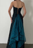 Ndyad Strapless Teal Satin Sleeveless Black Tulle Beaded Ball Dress Birthday Evening Dress HZ1024