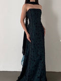 Ndyad Strapless Teal Satin Sleeveless Black Tulle Beaded Ball Dress Birthday Evening Dress HZ1024