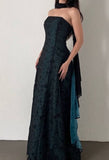 Ndyad Strapless Teal Satin Sleeveless Black Tulle Beaded Ball Dress Birthday Evening Dress HZ1024