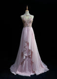 Ndyad Pink A-Line Tulle High Neck Chiffon Long Beaded Backless Prom Dress Retro Wedding Birthday Dress HZ1024