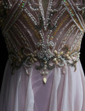 Ndyad Pink A-Line Tulle High Neck Chiffon Long Beaded Backless Prom Dress Retro Wedding Birthday Dress HZ1024
