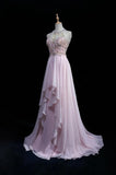Ndyad Pink A-Line Tulle High Neck Chiffon Long Beaded Backless Prom Dress Retro Wedding Birthday Dress HZ1024