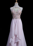 Ndyad Pink A-Line Tulle High Neck Chiffon Long Beaded Backless Prom Dress Retro Wedding Birthday Dress HZ1024