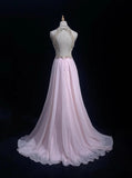 Ndyad Pink A-Line Tulle High Neck Chiffon Long Beaded Backless Prom Dress Retro Wedding Birthday Dress HZ1024