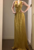 Ndyad Temperament Golden V-neck Long Prom Dress Birthday Party Dress HZ1024