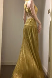 Ndyad Temperament Golden V-neck Long Prom Dress Birthday Party Dress HZ1024