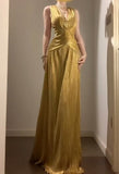 Ndyad Temperament Golden V-neck Long Prom Dress Birthday Party Dress HZ1024