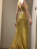 Ndyad Temperament Golden V-neck Long Prom Dress Birthday Party Dress HZ1024