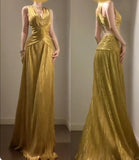 Ndyad Temperament Golden V-neck Long Prom Dress Birthday Party Dress HZ1024
