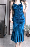 Ndyad Blue Pleated Mermaid Satin Open Back Prom Dress Birthday Dress HZ1024