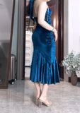 Ndyad Blue Pleated Mermaid Satin Open Back Prom Dress Birthday Dress HZ1024