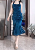 Ndyad Blue Pleated Mermaid Satin Open Back Prom Dress Birthday Dress HZ1024