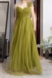 Ndyad Olive Green Spaghetti Strap Tulle Long Prom Dress Sweet Birthday Evening Dress HZ1024
