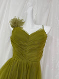 Ndyad Olive Green Spaghetti Strap Tulle Long Prom Dress Sweet Birthday Evening Dress HZ1024