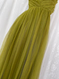 Ndyad Olive Green Spaghetti Strap Tulle Long Prom Dress Sweet Birthday Evening Dress HZ1024