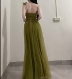 Ndyad Olive Green Spaghetti Strap Tulle Long Prom Dress Sweet Birthday Evening Dress HZ1024