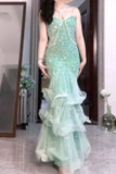 Ndyad Mint Green Mermaid Spaghetti Strap Sequined Tulle Ball Dress Backless Evening Gown HZ1024