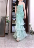 Ndyad Mint Green Mermaid Spaghetti Strap Sequined Tulle Ball Dress Backless Evening Gown HZ1024