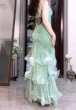 Ndyad Mint Green Mermaid Spaghetti Strap Sequined Tulle Ball Dress Backless Evening Gown HZ1024