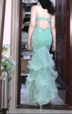 Ndyad Mint Green Mermaid Spaghetti Strap Sequined Tulle Ball Dress Backless Evening Gown HZ1024