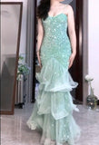Ndyad Mint Green Mermaid Spaghetti Strap Sequined Tulle Ball Dress Backless Evening Gown HZ1024