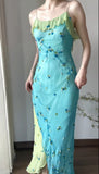 Ndyad Spaghetti Strap Chiffon Sheath Ruffle Beaded Blue and Green Spliced Ball Dress Party Birthday Dress HZ1024