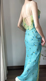 Ndyad Spaghetti Strap Chiffon Sheath Ruffle Beaded Blue and Green Spliced Ball Dress Party Birthday Dress HZ1024